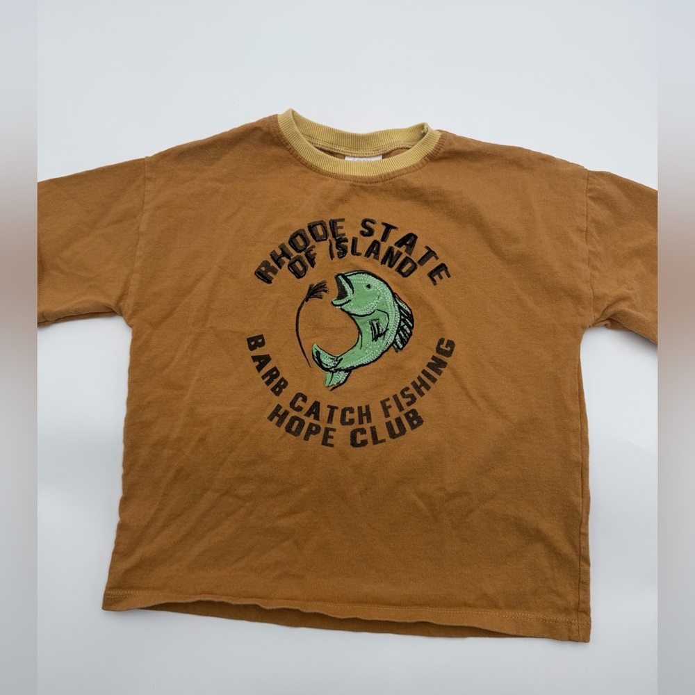 Zara Boys Brown Tee with Green Fish Graphic
